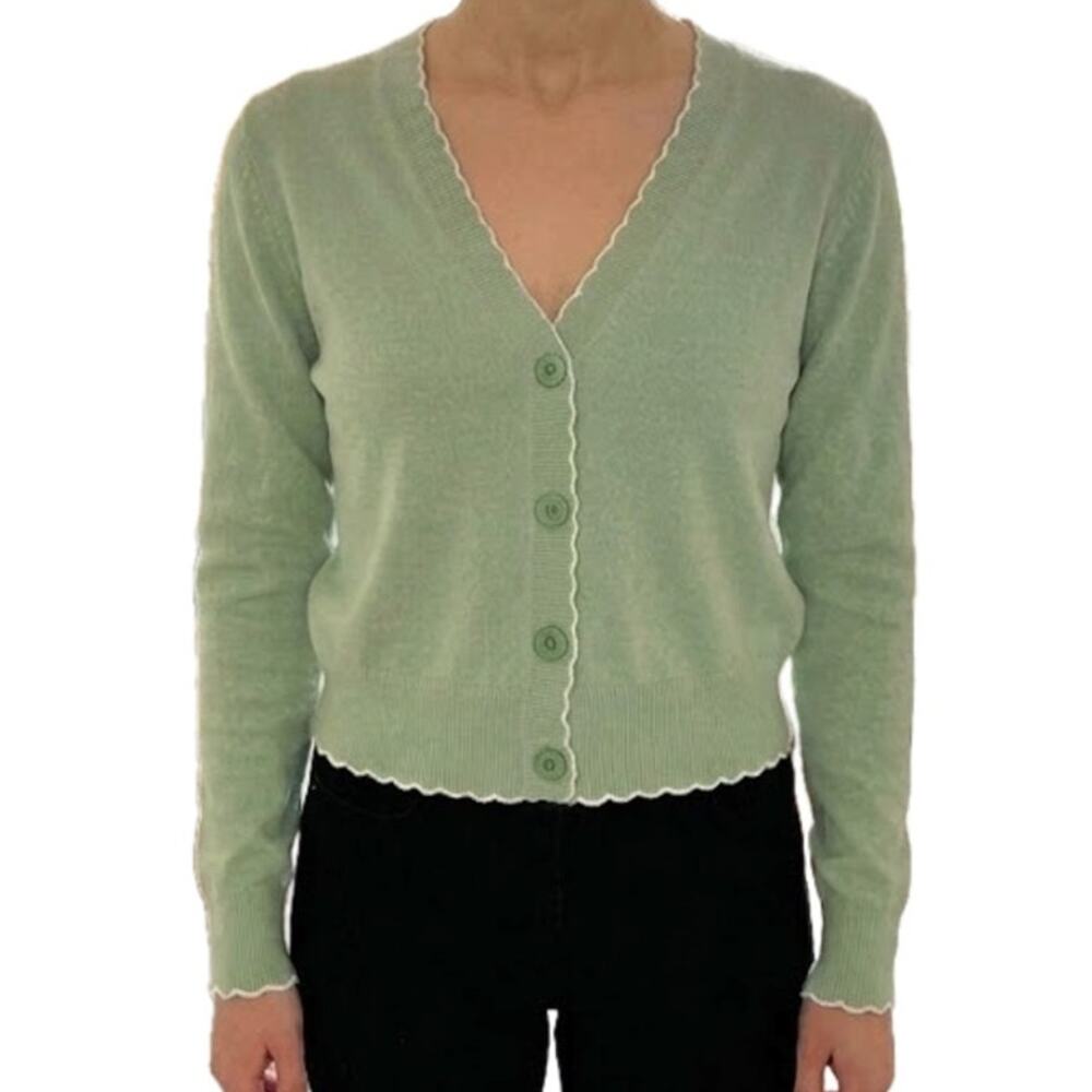 Willow & Wind Sage Green Button Front Cardigan White Stitch Trim Sz S NEW No Tag